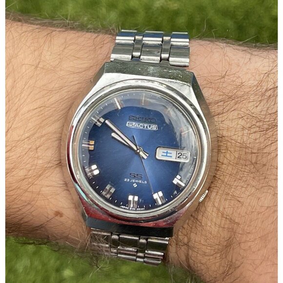 VINTAGE 1975 Seiko 5 Actus SS 23j Mens Watch Bracelet Blue Dial 6106-8680 - Picture 3 of 10